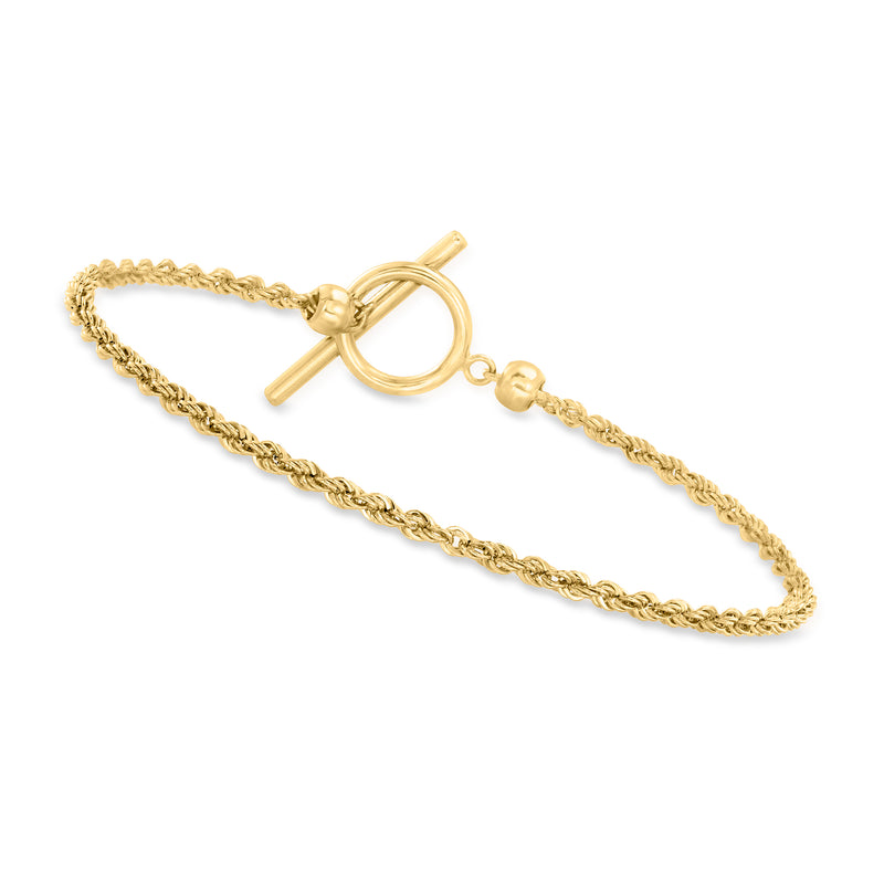 10kt yellow gold rope-chain toggle bracelet with circular clasp.