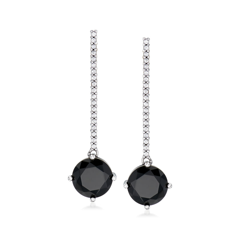 Sterling silver linear drop earrings with black round onyx and clear stone line