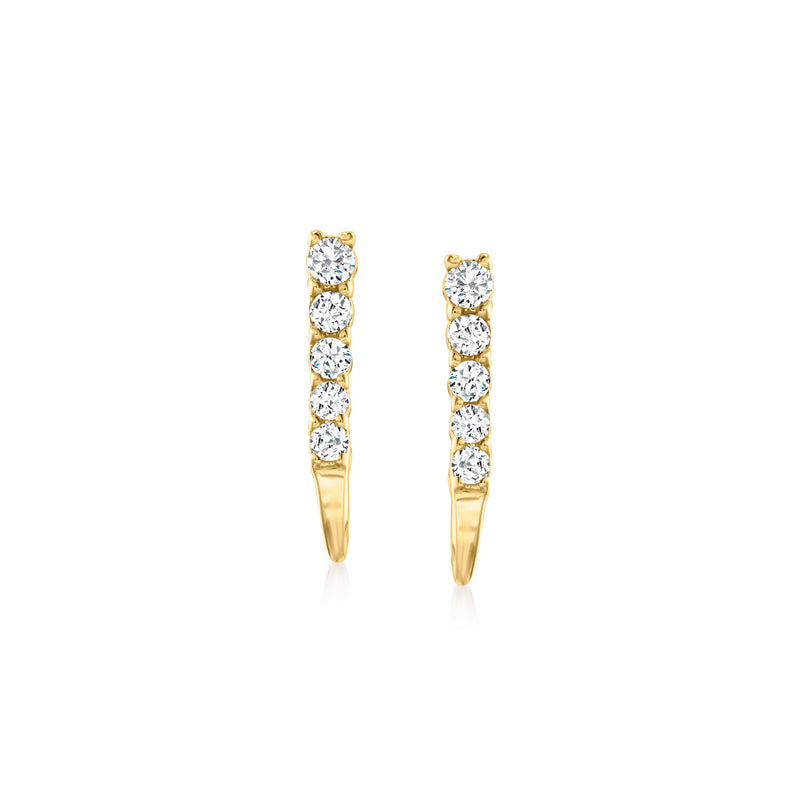 14kt yellow gold diamond bar post earrings with four round diamonds, hinged hoop