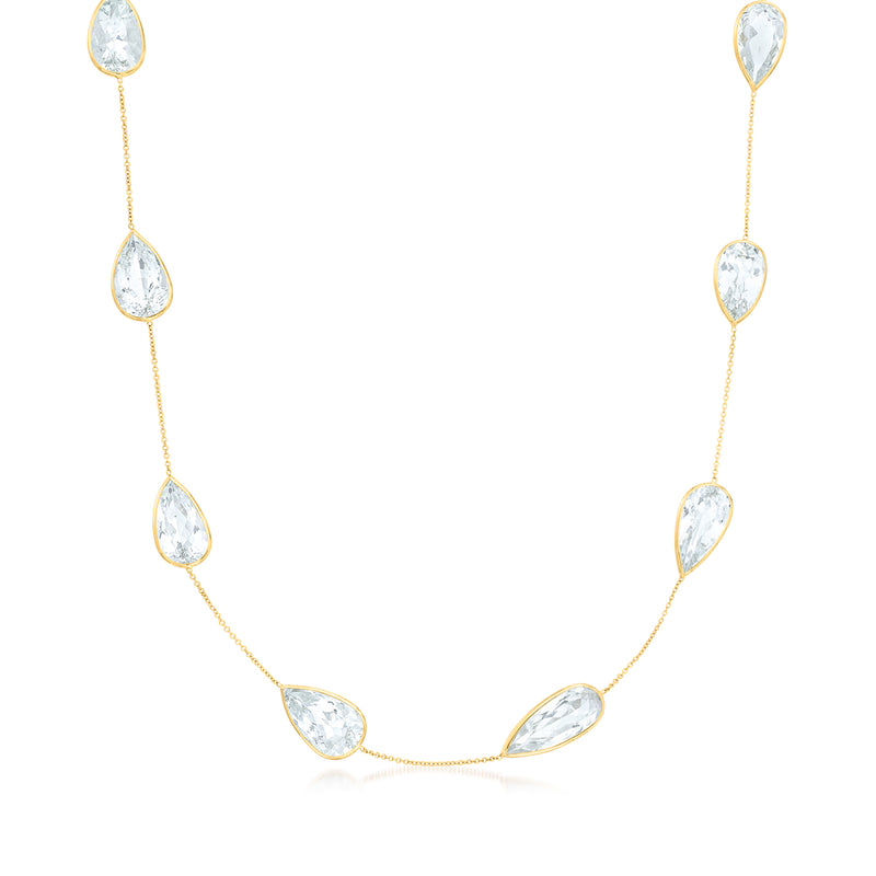 Yellow gold station necklace with five pear-shaped aquamarine gemstones