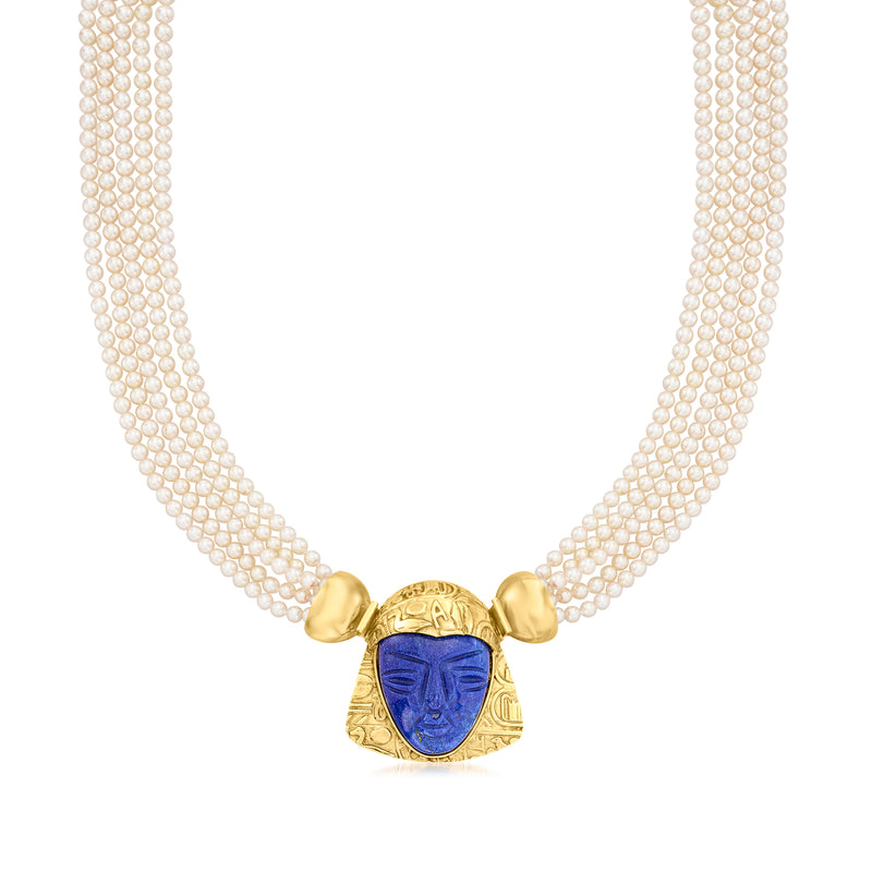 3mm pearl necklace with lapis blue face pendant in 18kt yellow gold