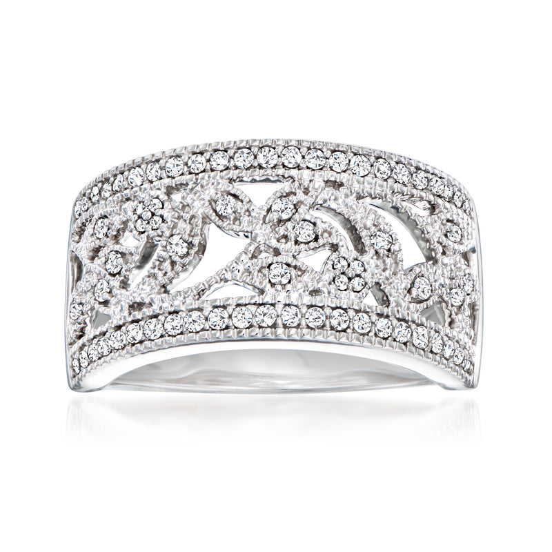Sterling silver openwork diamond ring with bright round-cut stones across top