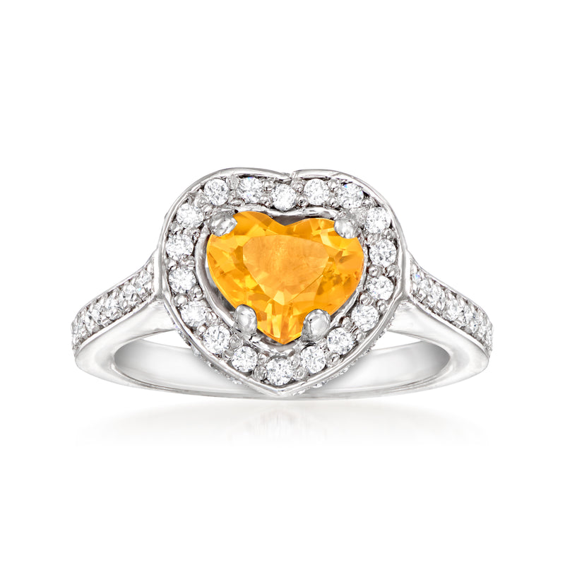 Platinum heart citrine ring with diamond halo and two side diamond rows