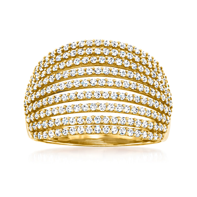 Gold over sterling diamond multi-row ring with clear round stones, domed profile
