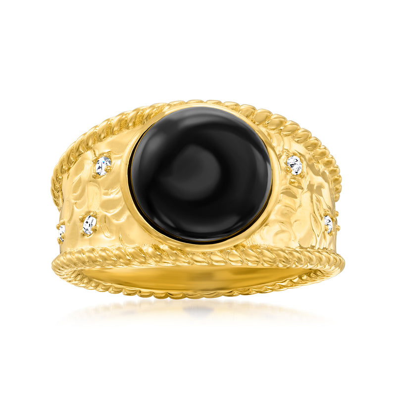 Gold over sterling ring with oval black onyx center and small clear stones