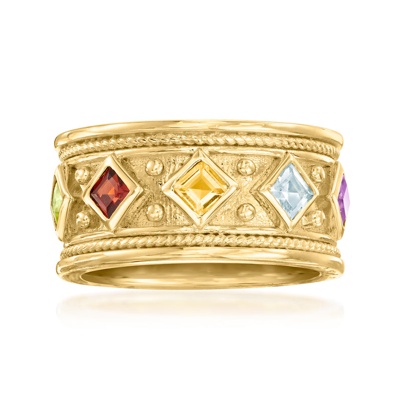 18kt gold over sterling multi-gemstone ring with red, light blue, and purple stones