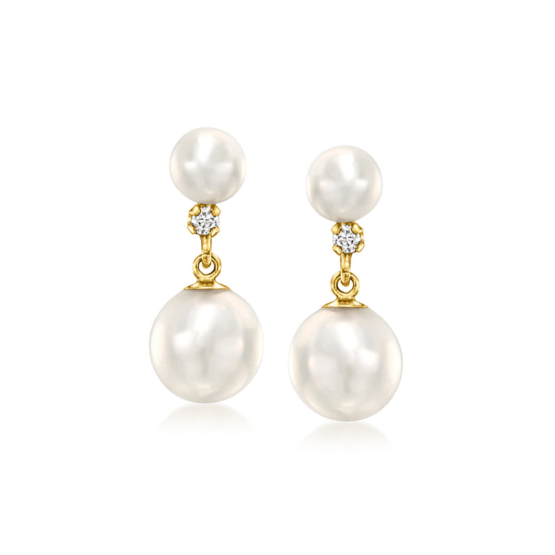 Cultured pearl drop earrings in 14kt yellow gold with diamond accents and dangling pearls