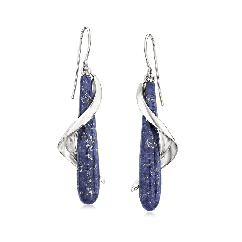 Sterling silver drop earrings with blue lapis oval cabochon and spiral-wrapped design