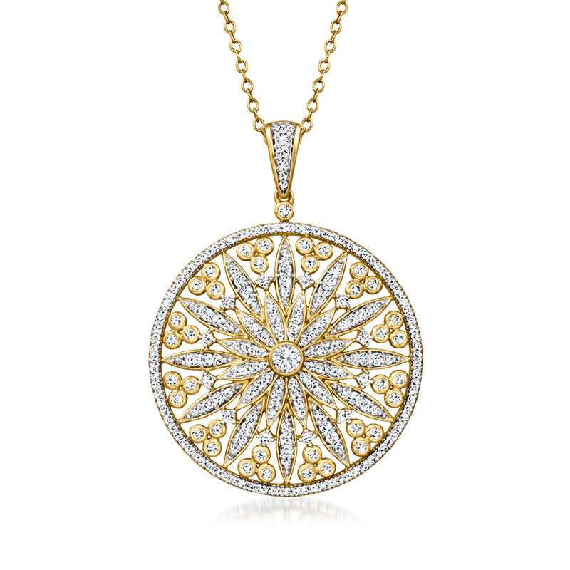14kt yellow gold round diamond flower medallion pendant necklace