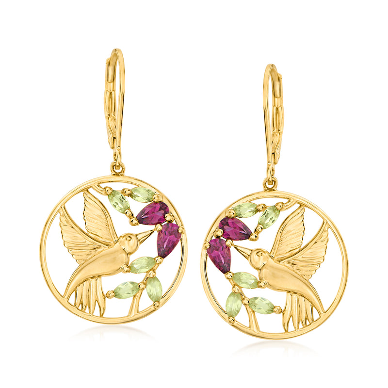 Hummingbird drop earrings in gold with round hoops, purple and green gemstones, leverback style