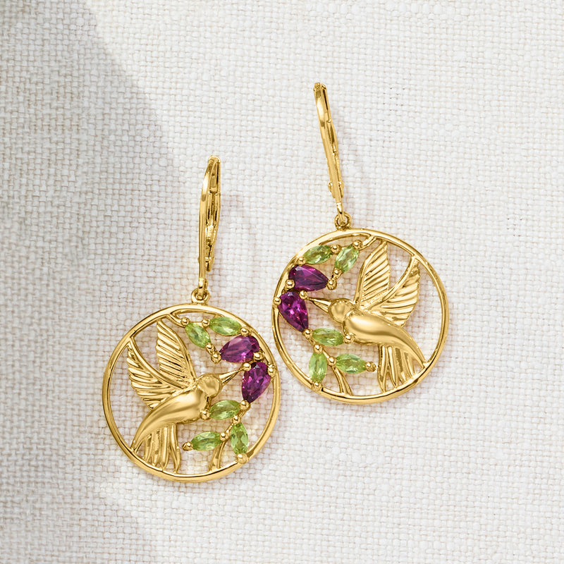 Hummingbird leverback drop earrings, gold round dangle with purple and green gemstone clusters