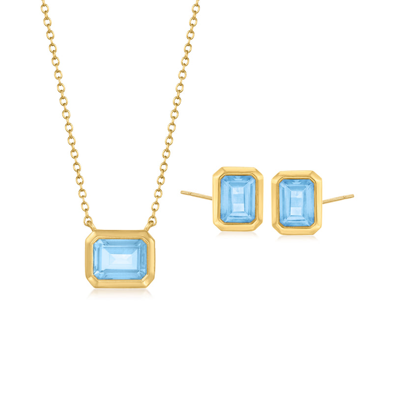 Gold-tone jewelry set with sky-blue topaz square studs and matching pendant necklace