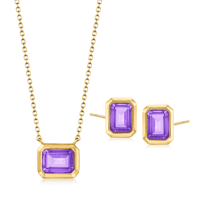 Amethyst pendant necklace and stud earrings set, gold over sterling with purple gemstones