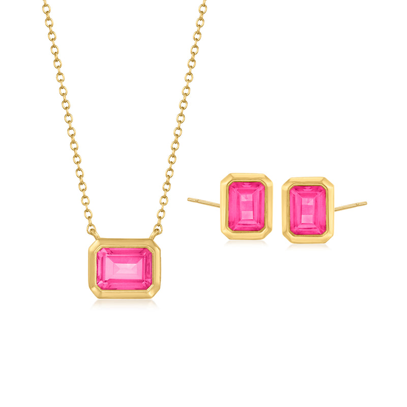 18kt gold over sterling jewelry set with pink topaz: rectangular necklace pendant and stud earrings