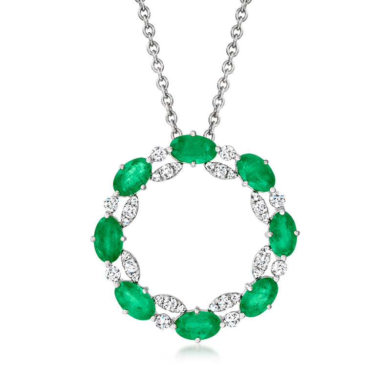 14kt white gold eternity circle pendant with green emeralds and white diamonds