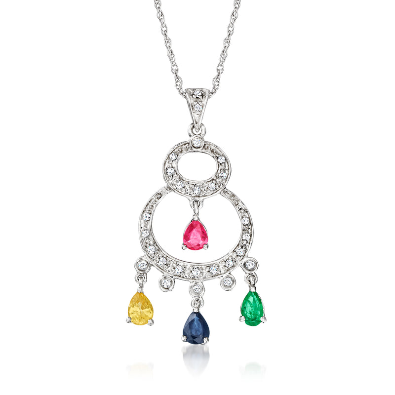 14kt white gold pendant necklace with multicolor gemstone drops and diamond accents