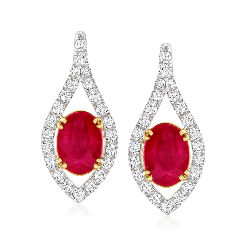 Marquise drop earrings with oval red ruby center, diamond halo, 14kt yellow gold