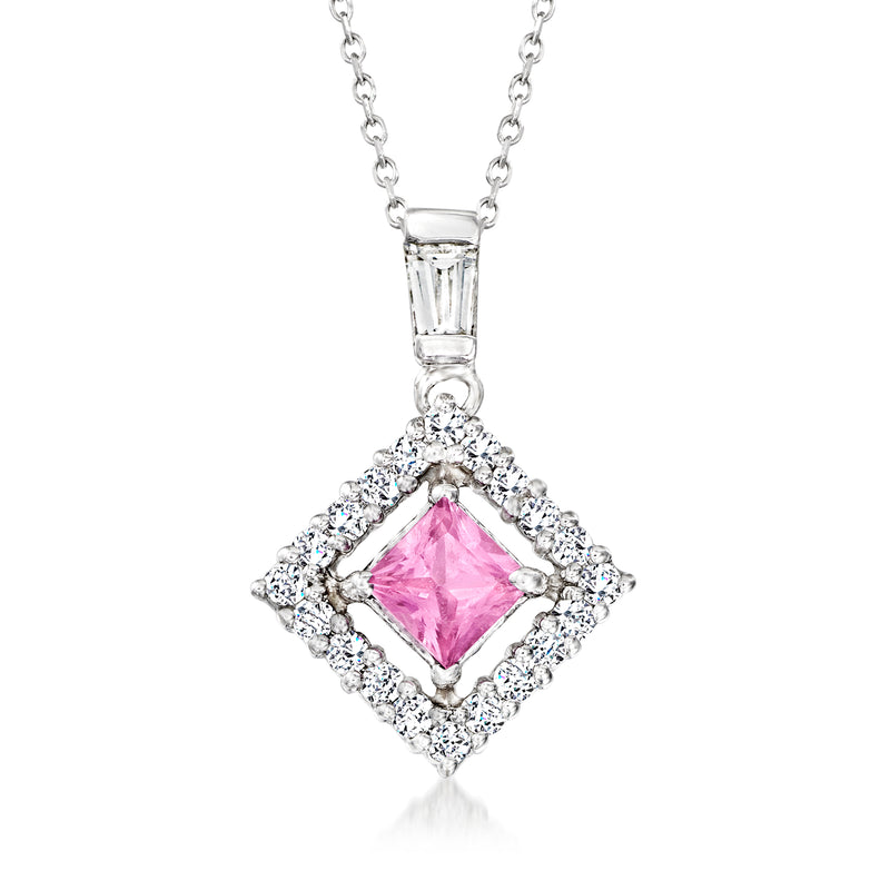 18kt white gold pendant necklace with pink sapphire center and diamond halo
