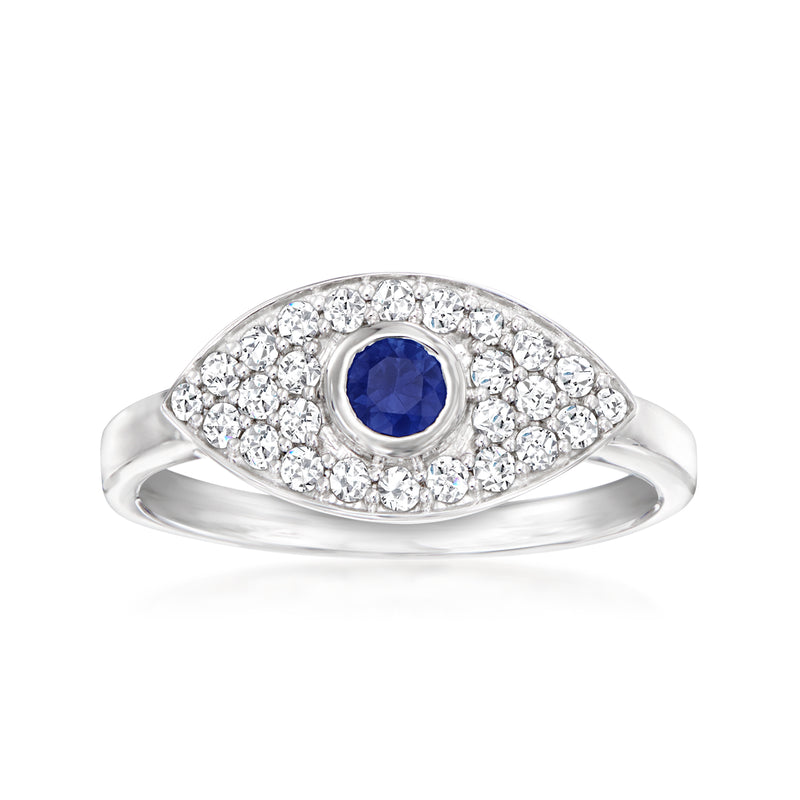 14kt white gold evil eye ring with blue sapphire center and diamond halo