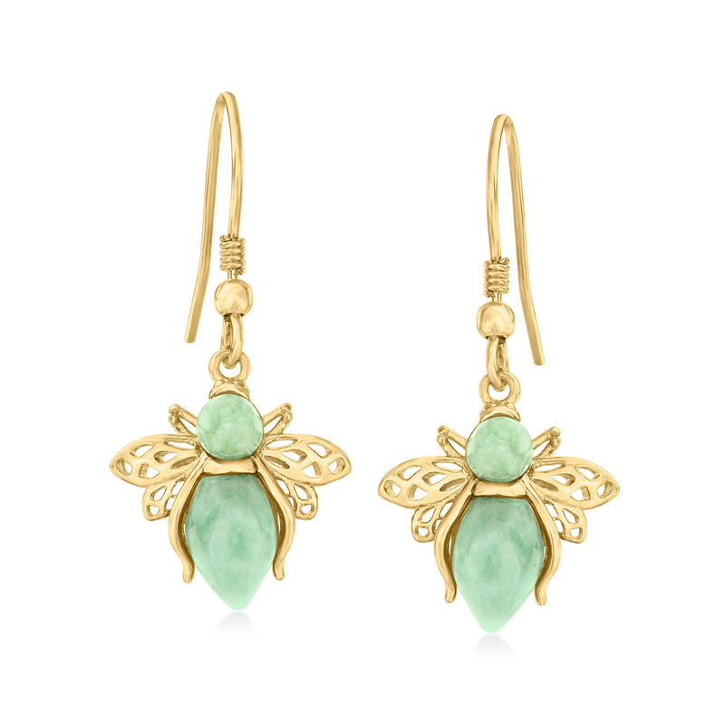Gold drop earrings with green jade bumblebee charm and delicate filigree wing details