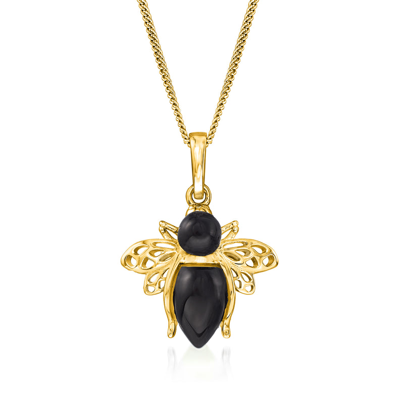 Gold-tone pendant necklace with black bee-shaped onyx-style charm and link chain.