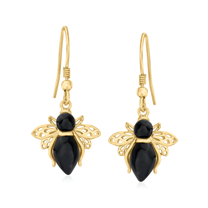Gold over sterling earwire earrings with black onyx bee charms and gold filigree wings