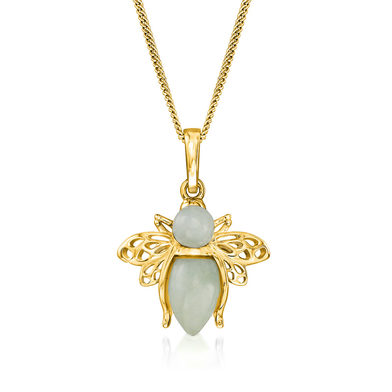 Gold over sterling bee pendant necklace with green jade cabochons and gold chain