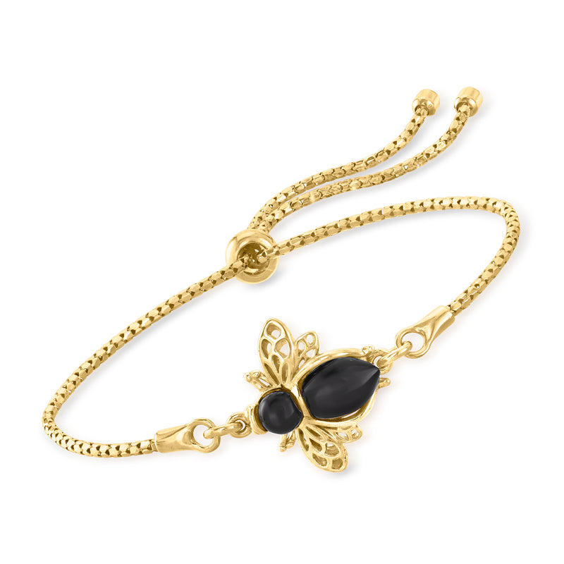Onyx bolo bracelet with gold-tone bee charm and adjustable cord.