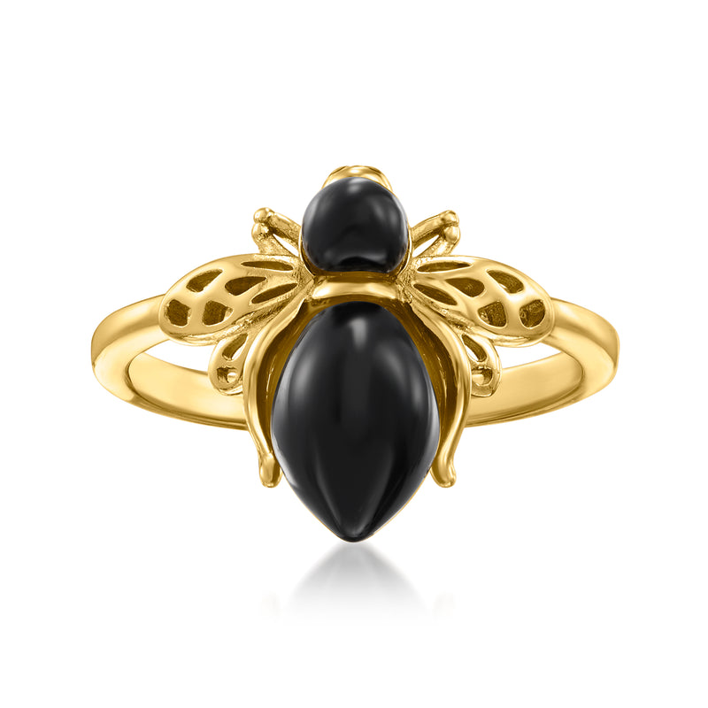 Gold-tone bumblebee ring with black oval gemstone and filigree wings