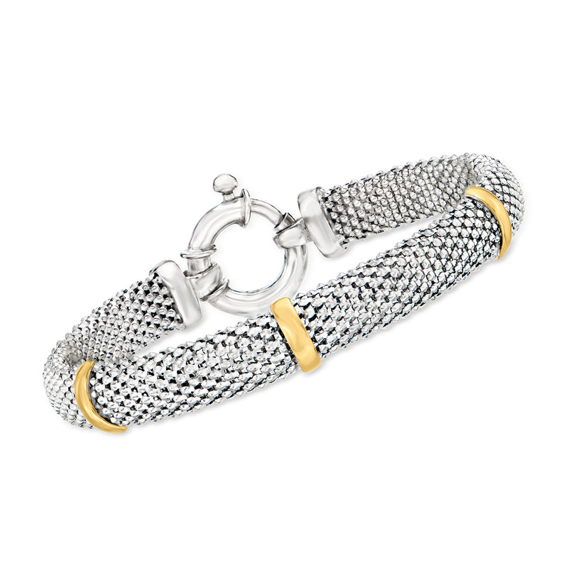 Sterling silver popcorn-chain bracelet with yellow gold accents and hinged clasp, oval link mesh