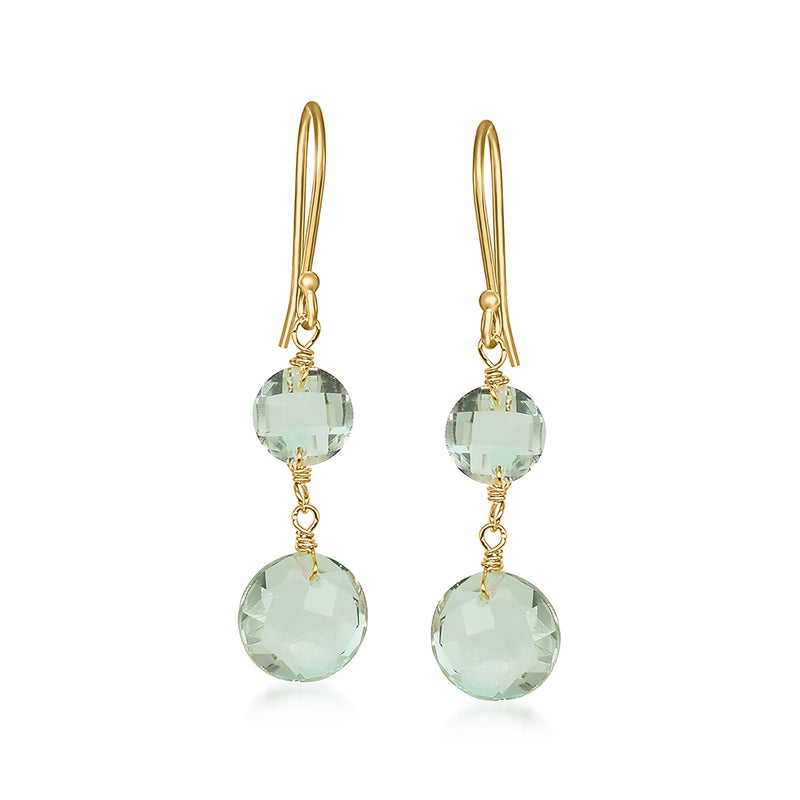 14kt yellow gold double-drop prasiolite earrings with faceted mint-green oval drops