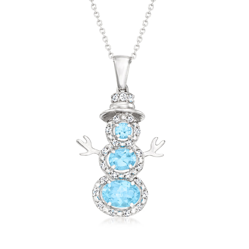 Sterling silver snowman pendant necklace with blue topaz and white zircon accents