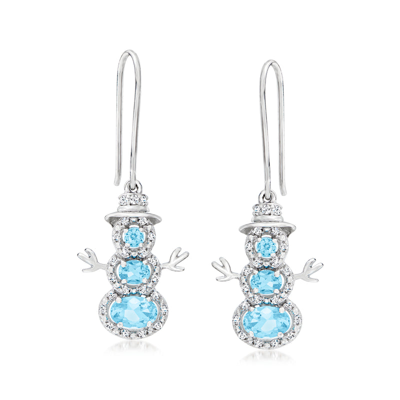 Snowman drop earrings in sterling silver with blue gemstones and white accents