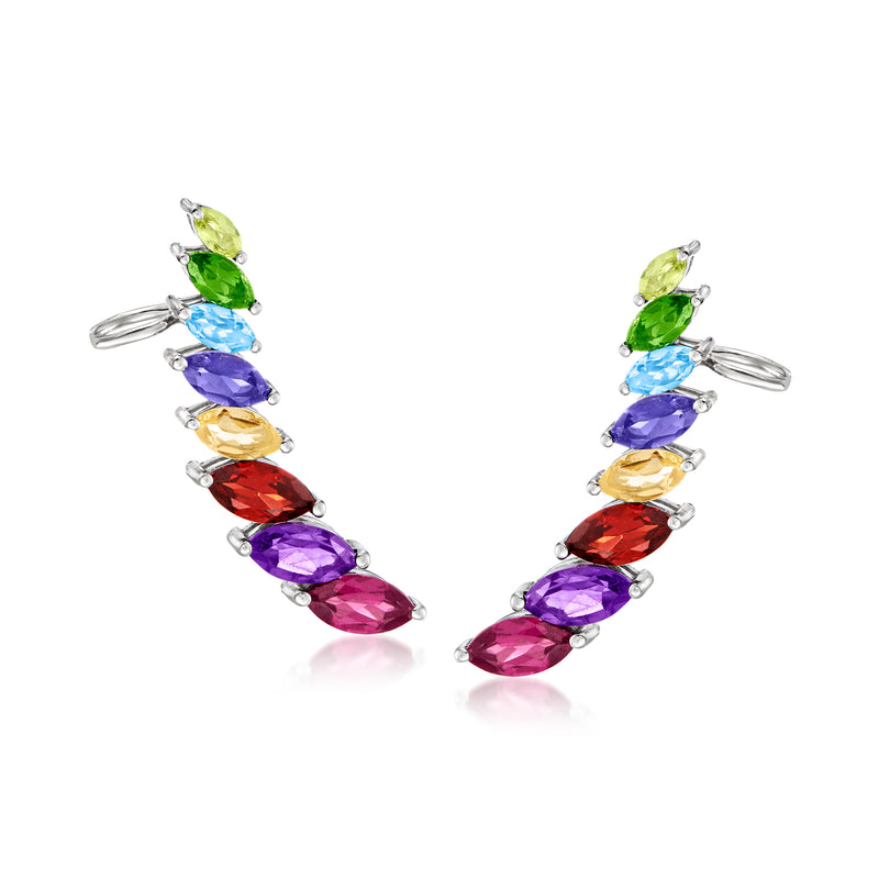 Sterling silver multi-gemstone ear climbers with green blue purple red marquise stones