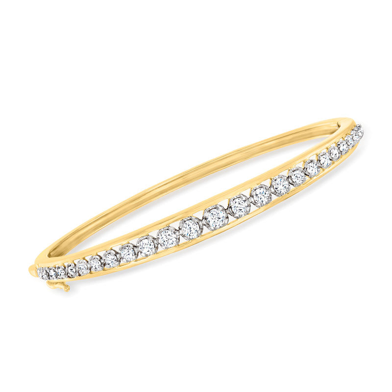 14kt yellow gold diamond bangle bracelet with graduated round stones along the top