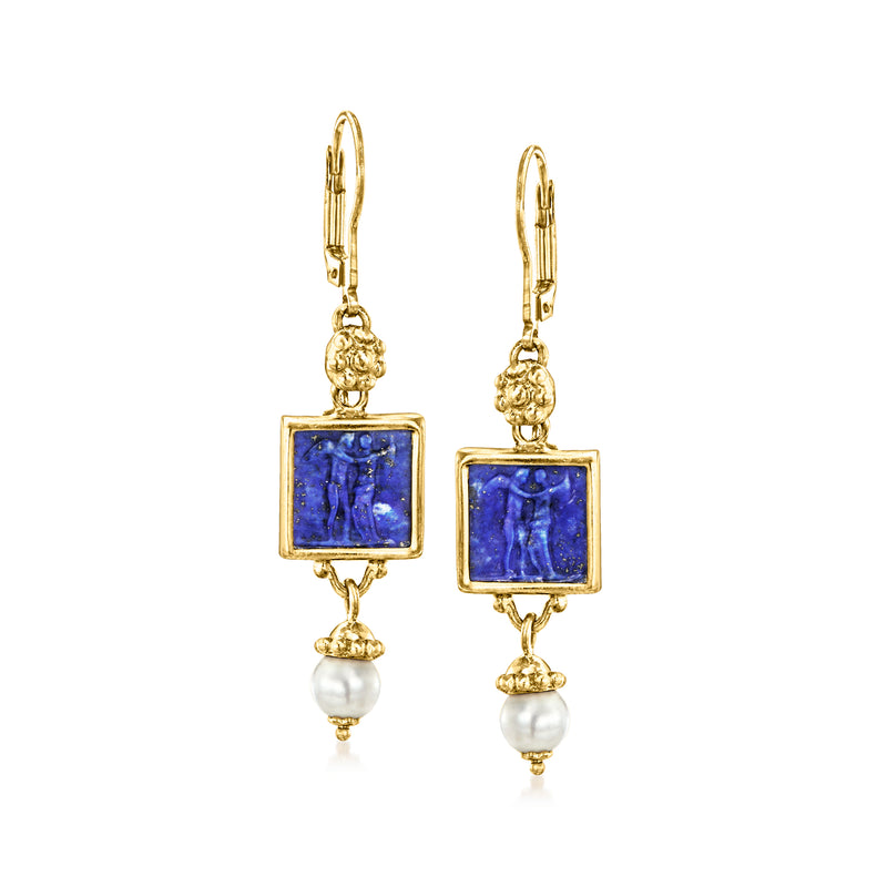 18kt gold over sterling lapis drop earrings with cultured pearls, leverback hooks