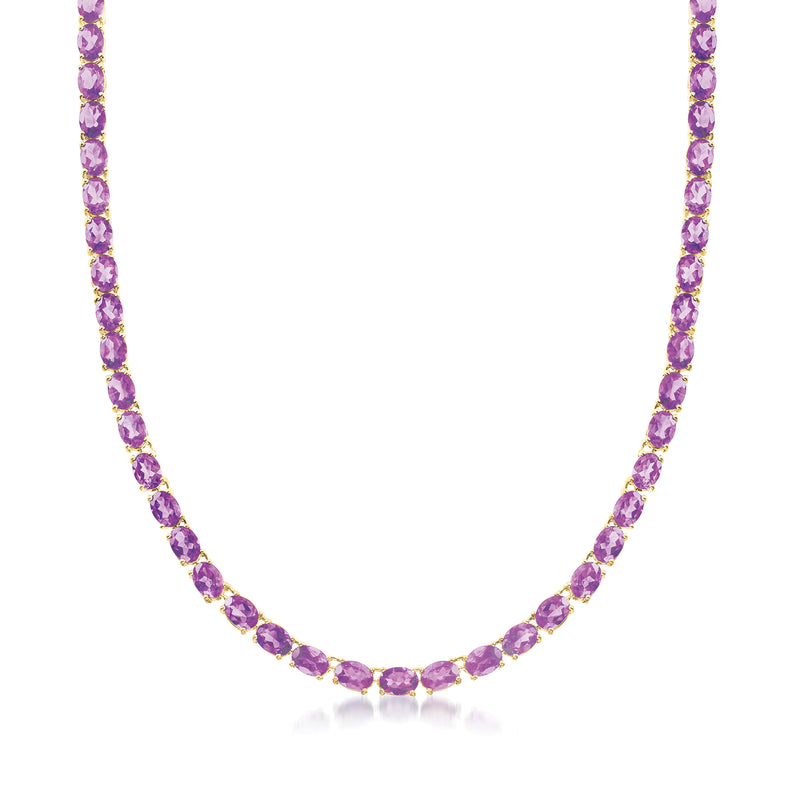 Amethyst tennis necklace with round purple gemstones and 18kt gold over sterling setting