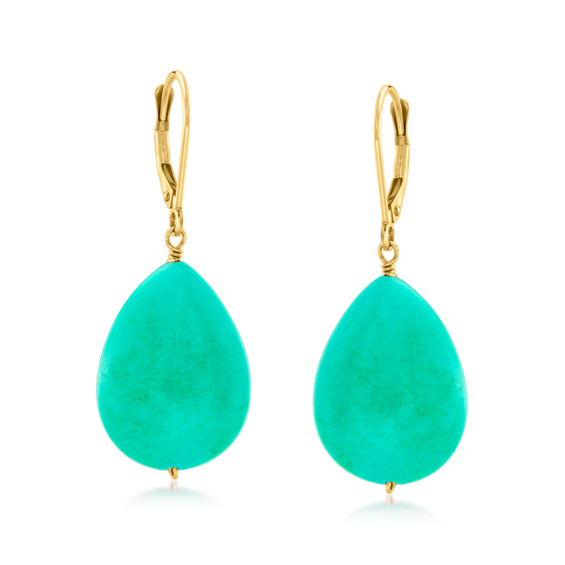 Turquoise teardrop drop earrings in 14kt yellow gold leverback