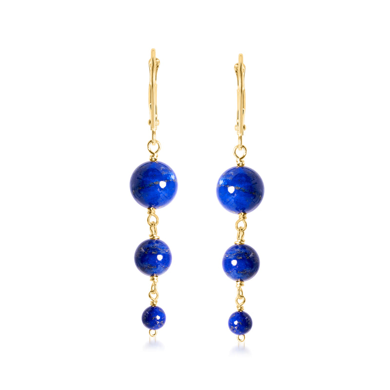 14kt yellow gold leverback drop earrings with graduated blue lapis bead rounds