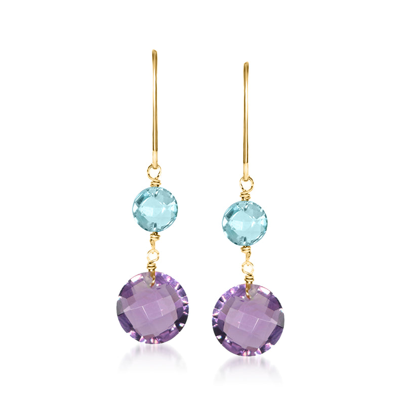 14kt yellow gold leverback double-drop earrings with round blue topaz and purple amethyst