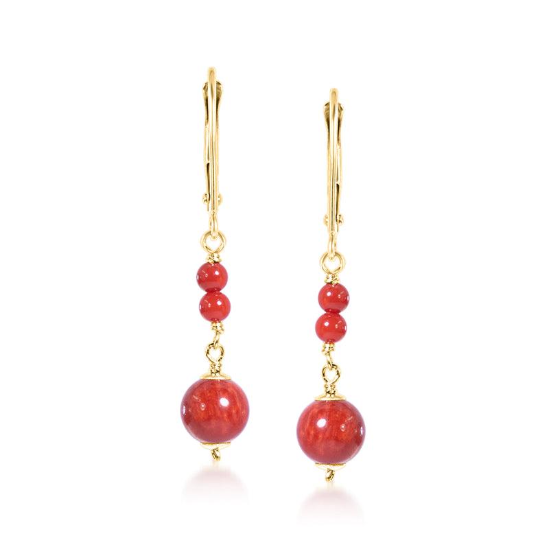 14kt yellow gold leverback drop earrings with red coral bead clusters
