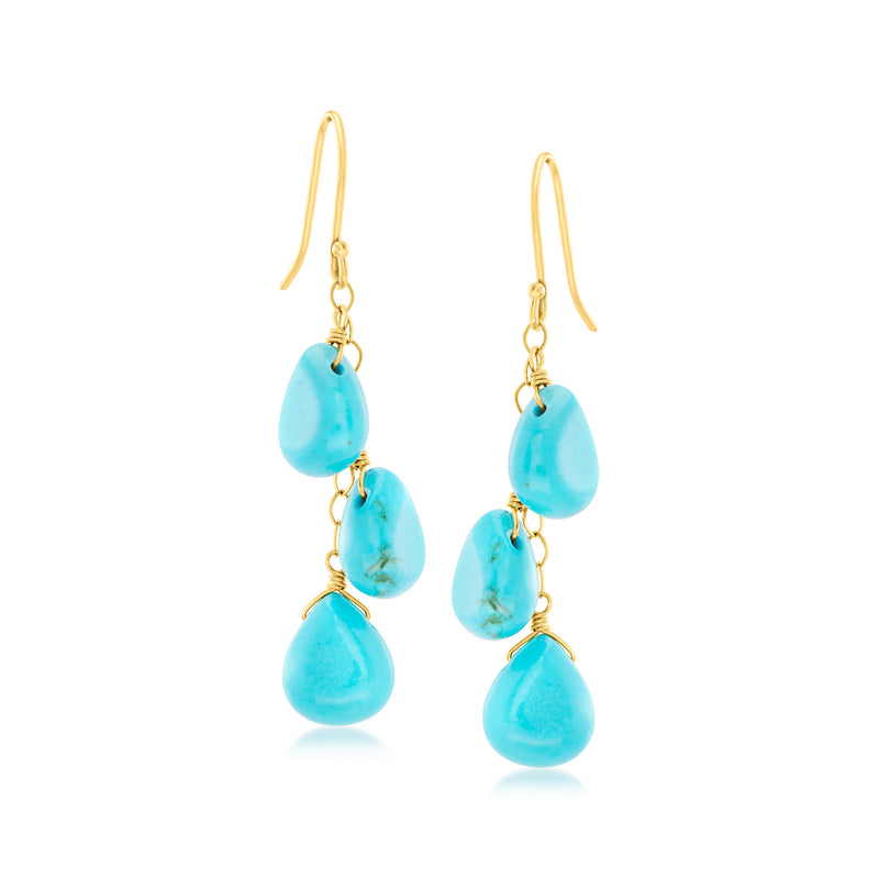 Turquoise drop earrings with 14kt yellow gold earwire and three bead drops
