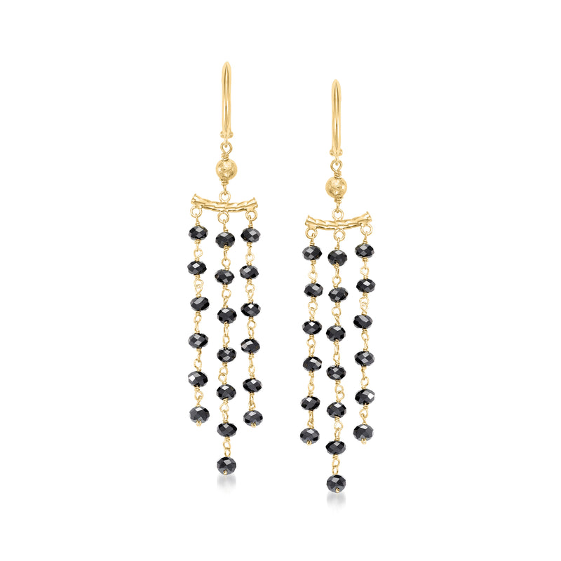 14kt yellow gold hoop drop earrings with black spinel bead fringe