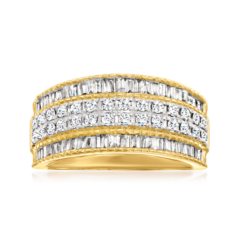 14kt yellow gold multi-row baguette and round diamond ring band