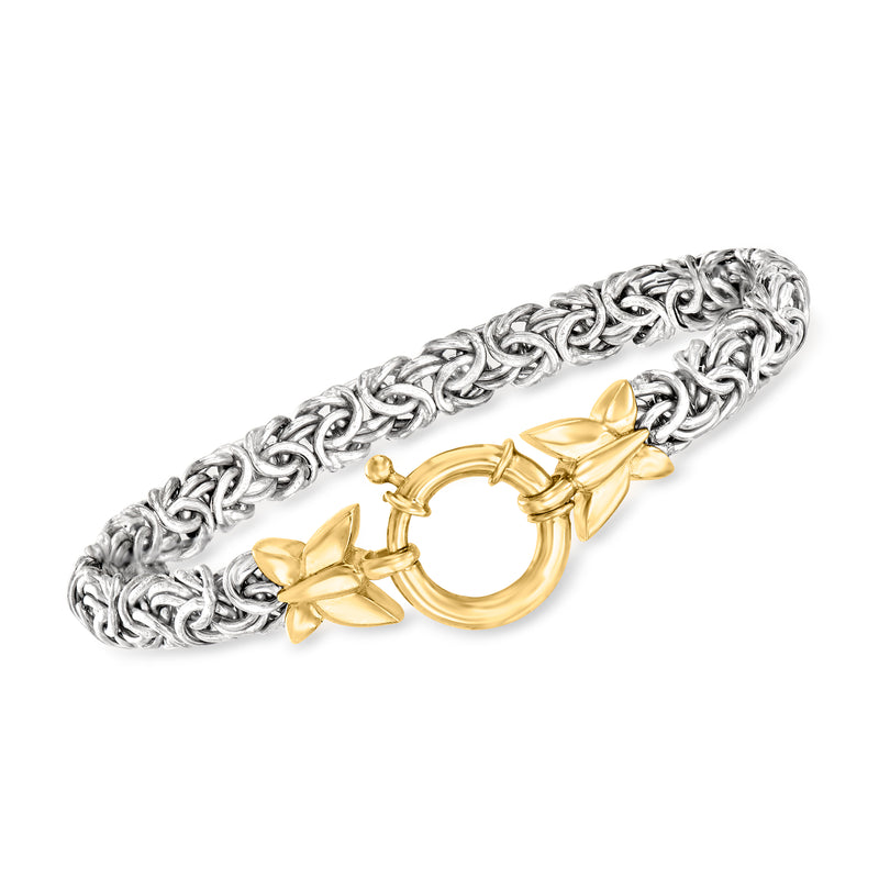 Two-tone sterling silver byzantine bracelet with gold butterfly clasp detail