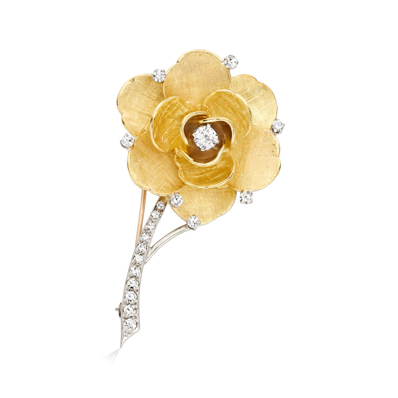 Vintage diamond rose pin in yellow gold with white-gold center and textured gold petals