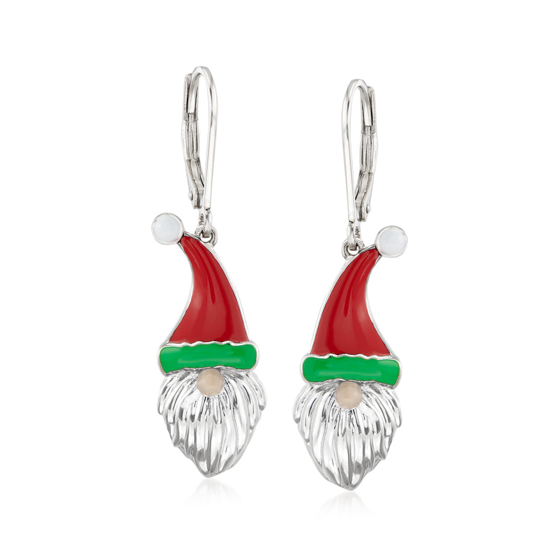 Sterling silver Santa gnome drop earrings with multicolor enamel, leverback hooks