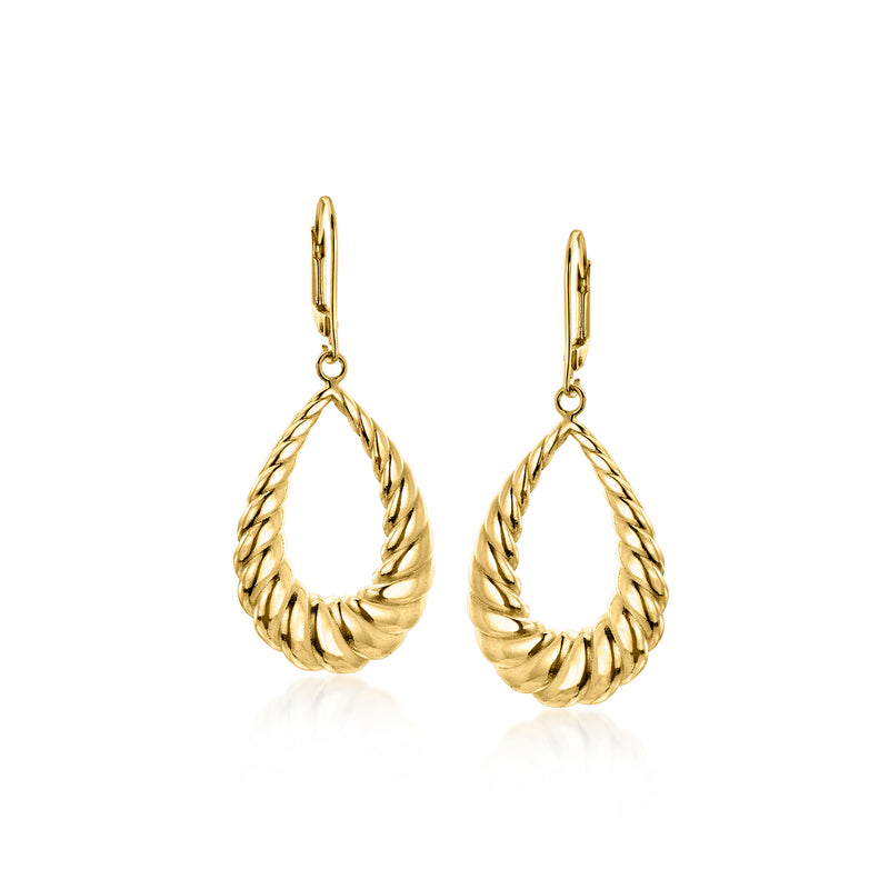 Gold twisted teardrop leverback earrings with rope-textured drop loops.
