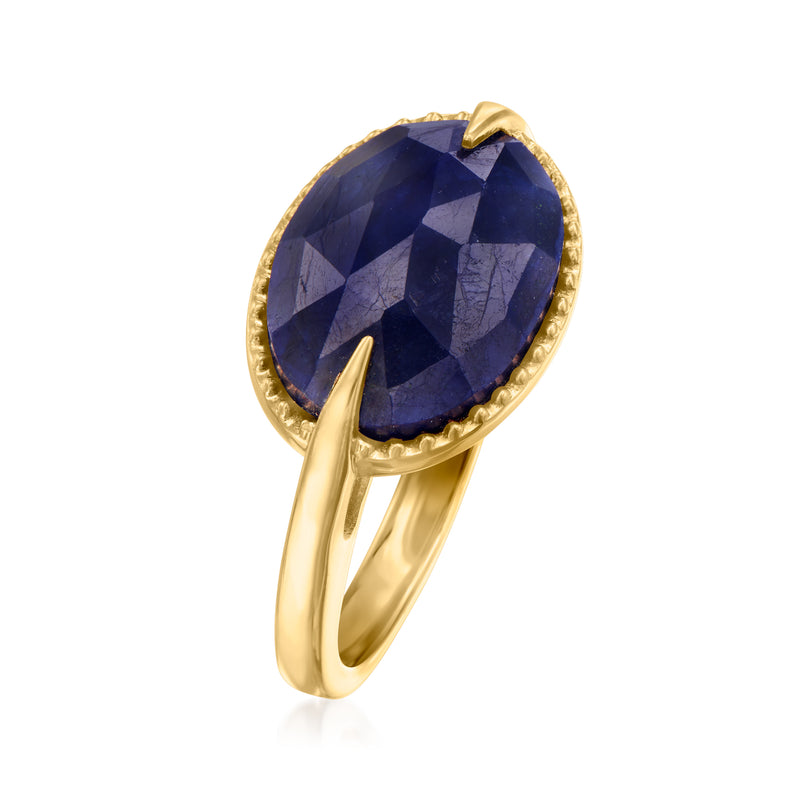 Side view oval sapphire ring in gold over sterling with dark blue bezel setting