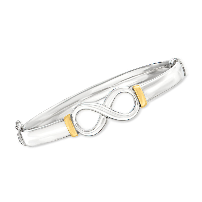 Two-tone sterling silver infinity symbol bangle bracelet with gold-tone square accents